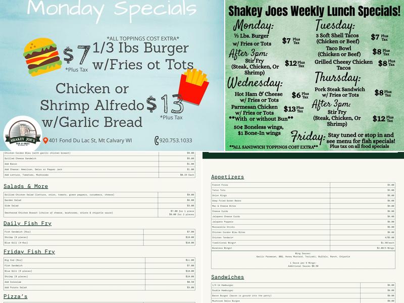 Shakey Joe's Bar & Grill Menu