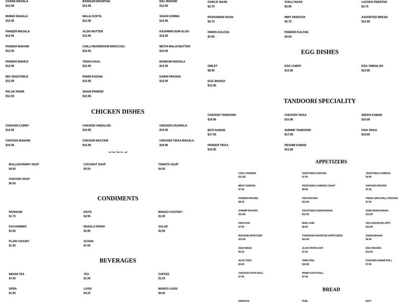 Bollywood Tadka Restaurant Menu