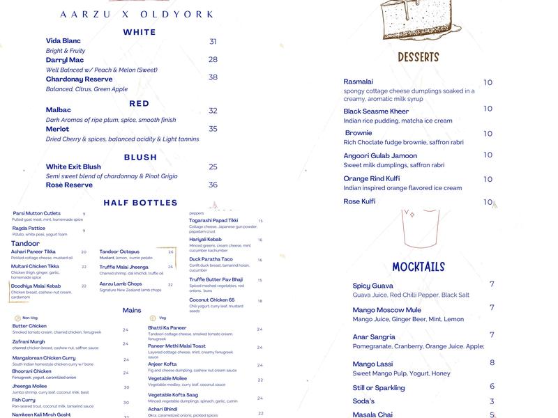 Aarzu Modern Indian Bistro | BYOB Menu