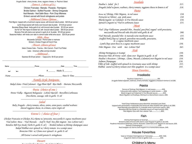 Pauline's Italian Cuisine Menu