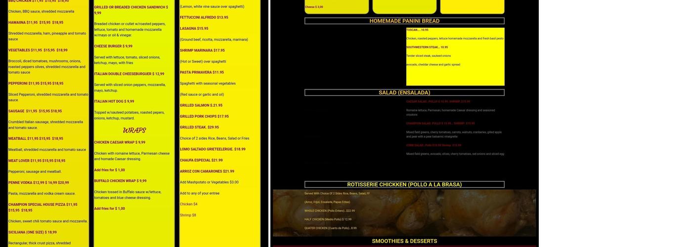 Champions Chicken & Pizza Restaurant Menu