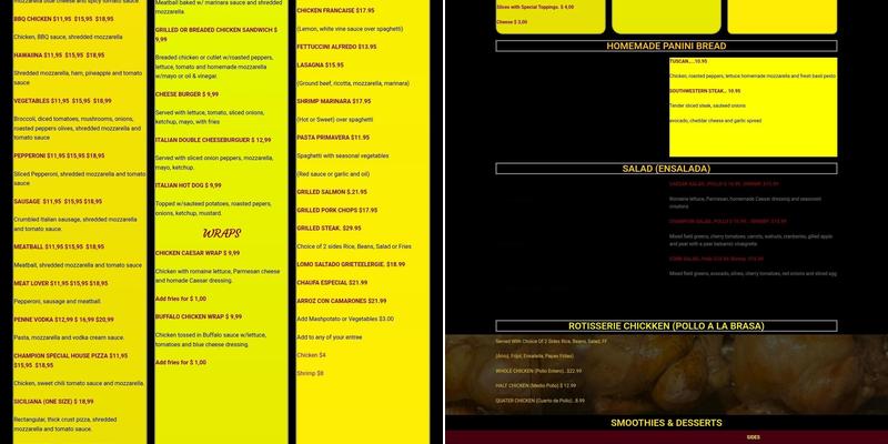 Champions Chicken & Pizza Restaurant Menu