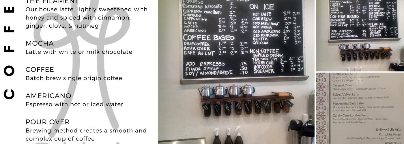 Filament Coffee + Tea Menu