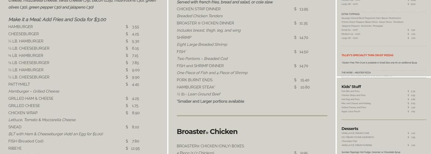 Tilley's Pizza House Menu