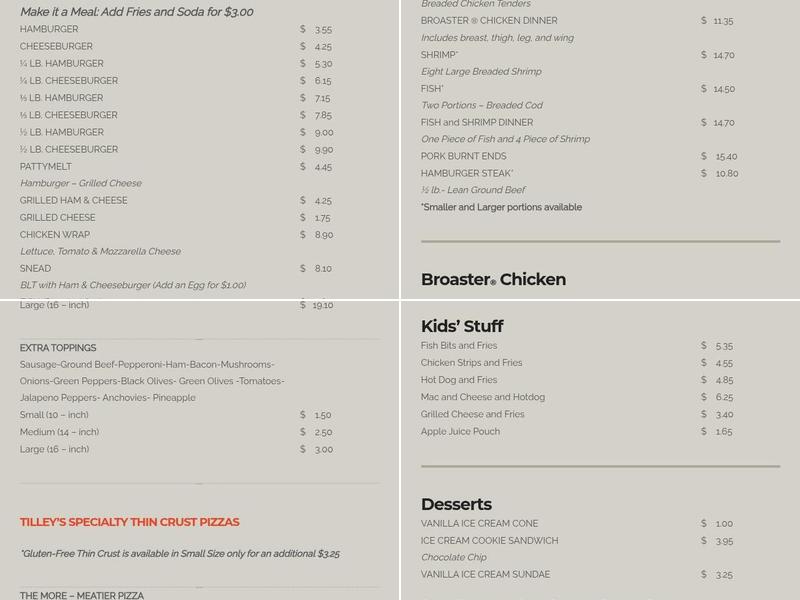 Tilley's Pizza House Menu
