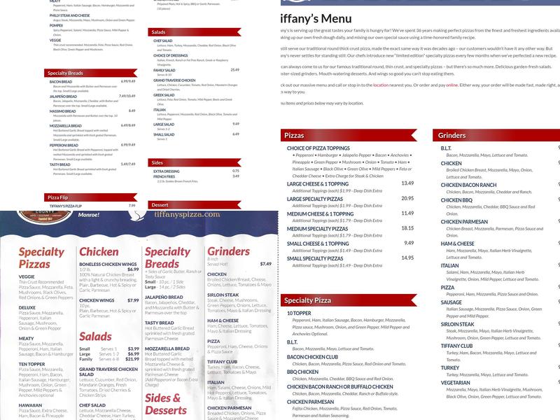Tiffany's Pizza Menu