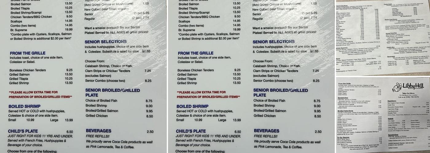 Libby Hill Seafood (Mt. Airy) Menu