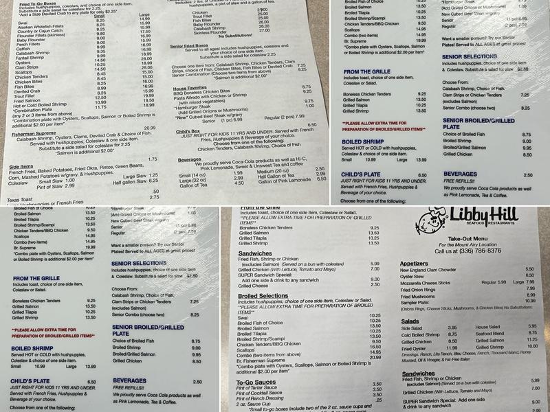 Libby Hill Seafood (Mt. Airy) Menu