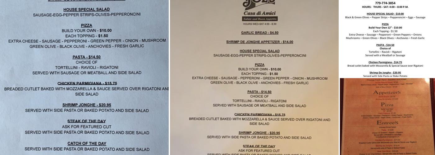 Joe's Casa Di Amici Menu
