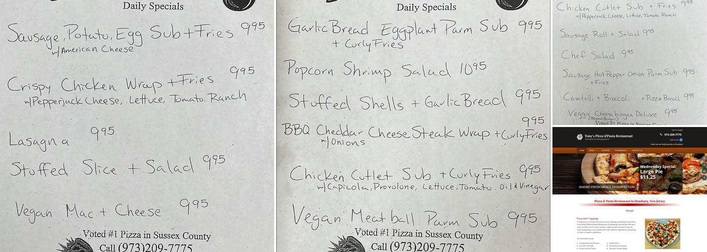 Tony's Pizza &Pasta Restaurant Menu