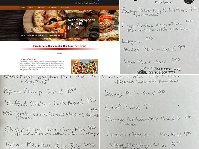 Tony's Pizza &Pasta Restaurant Menu