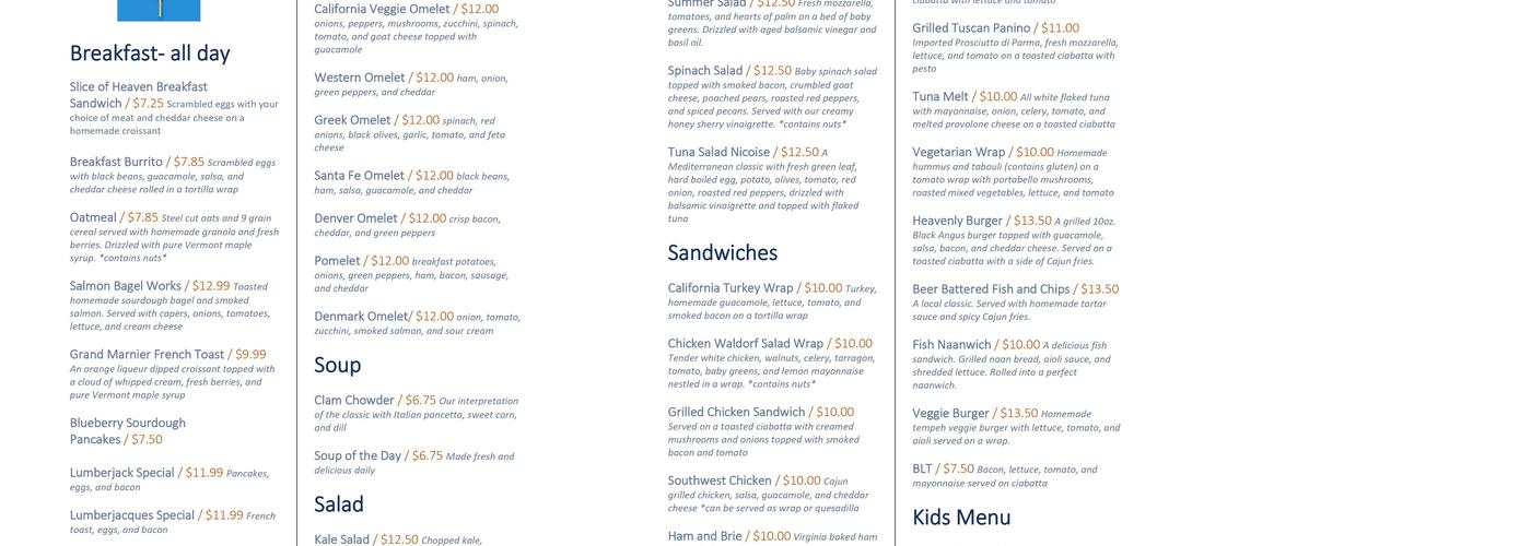 Slice of Heaven Menu