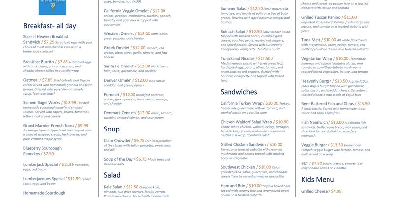 Slice of Heaven Menu