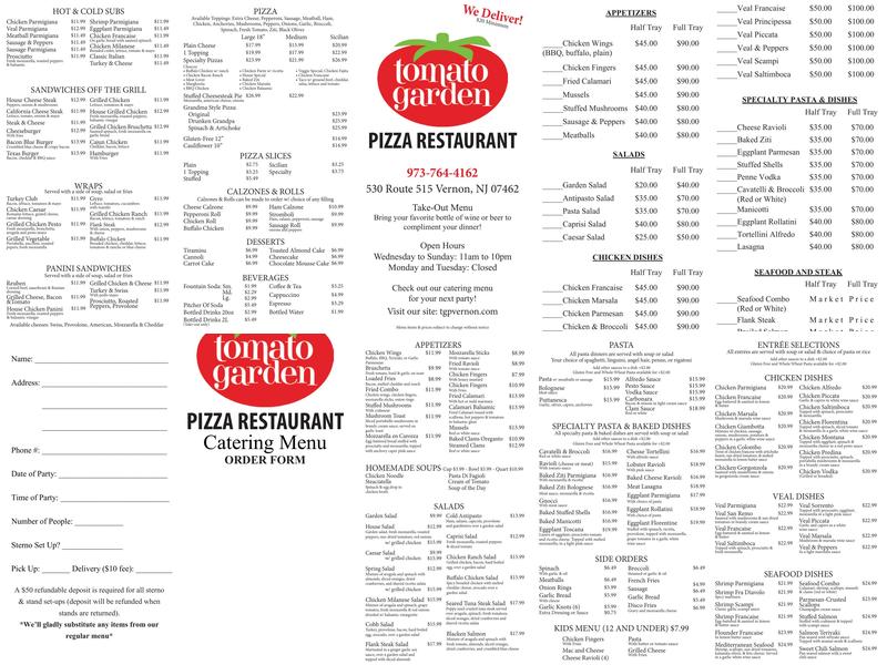 Tomato Garden Pizza and Restaurant Menu