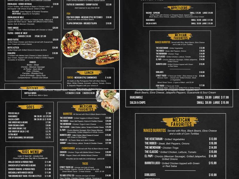 Aztec Authentic Mexican Restaurant Menu