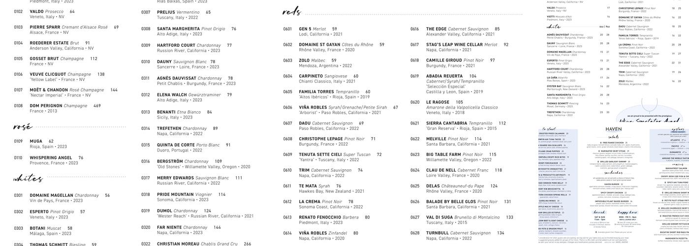 Haven Riverfront Restaurant and Bar Menu