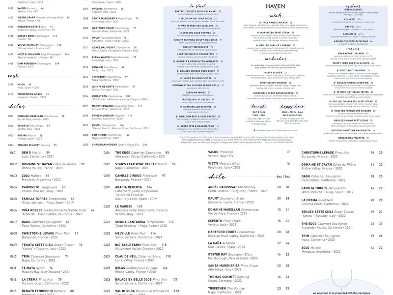 Haven Riverfront Restaurant and Bar Menu