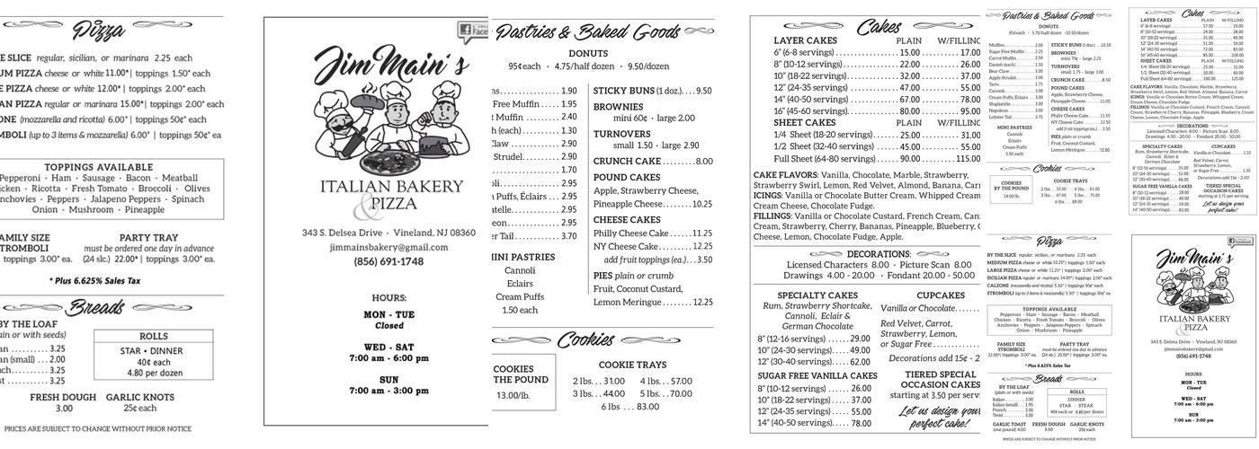 Jim Main's Bakery & Pizza Menu
