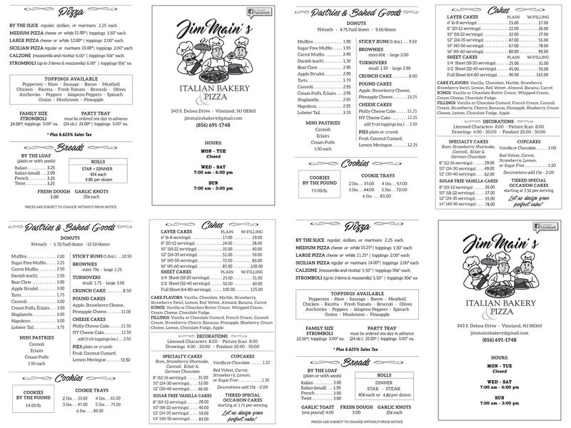 Jim Main's Bakery & Pizza Menu