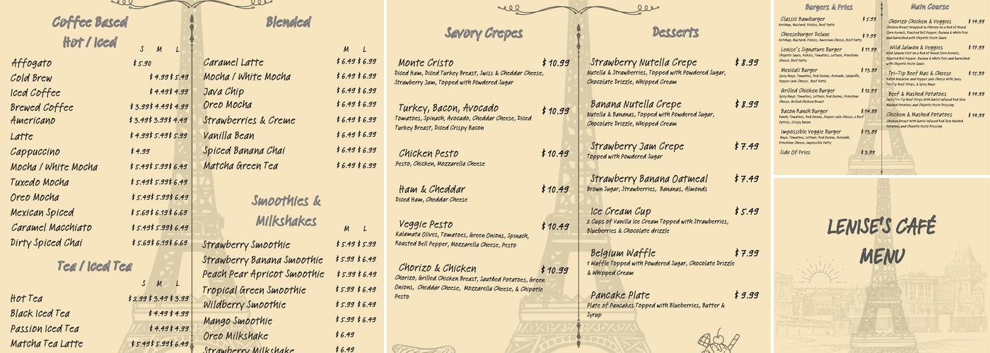 Lenise's Cafe Menu
