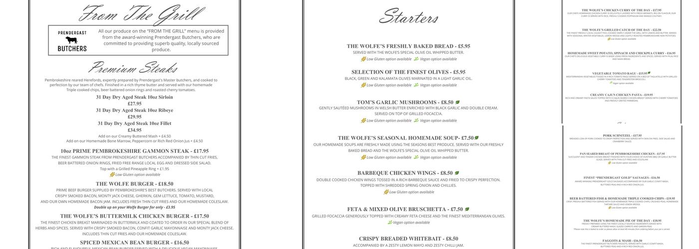 The Wolfe Inn Wolfscastle Menu