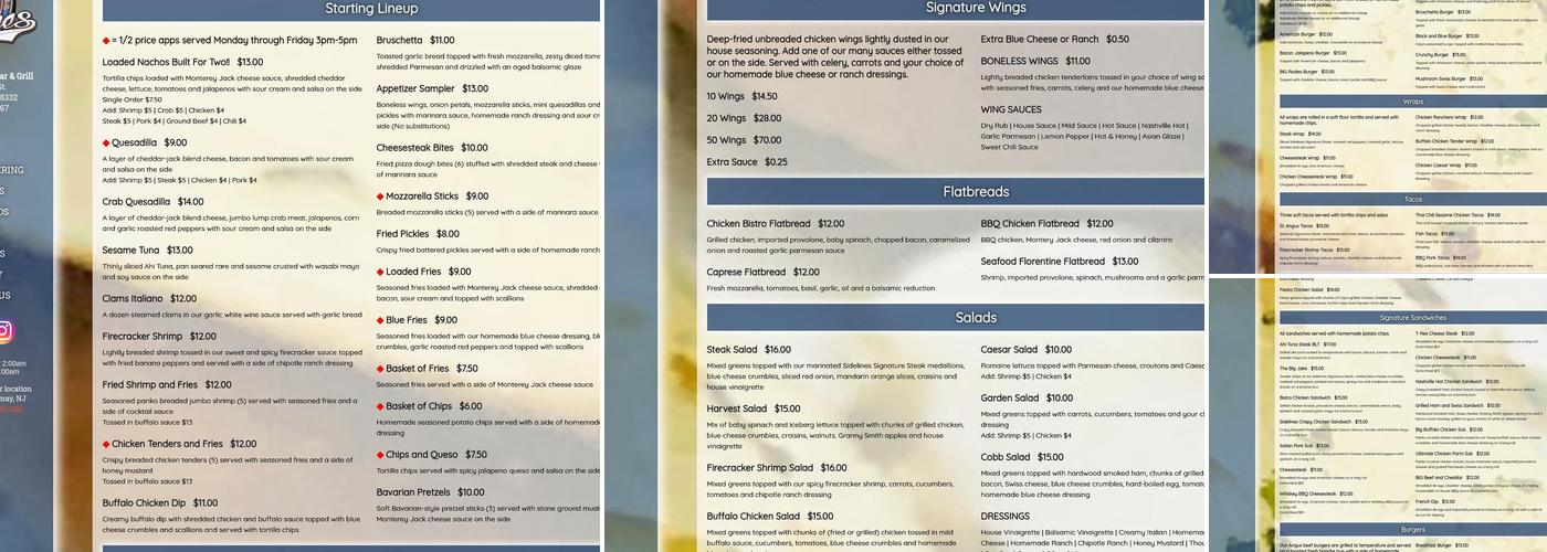 Sidelines Sports Bar & Grill Menu