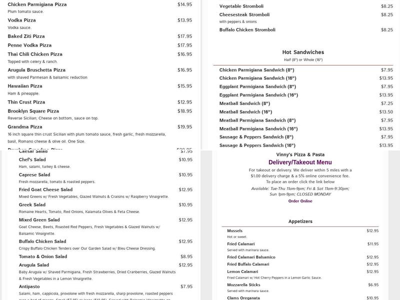 Vinny's Pizza & Pasta Menu
