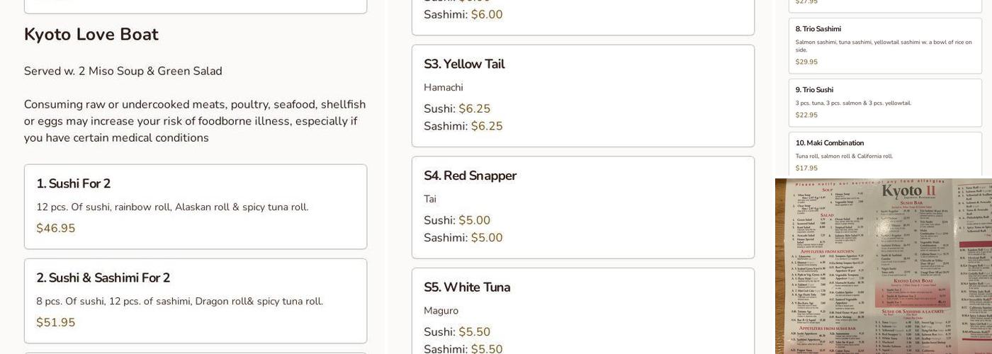 Kyoto Sushi II Menu