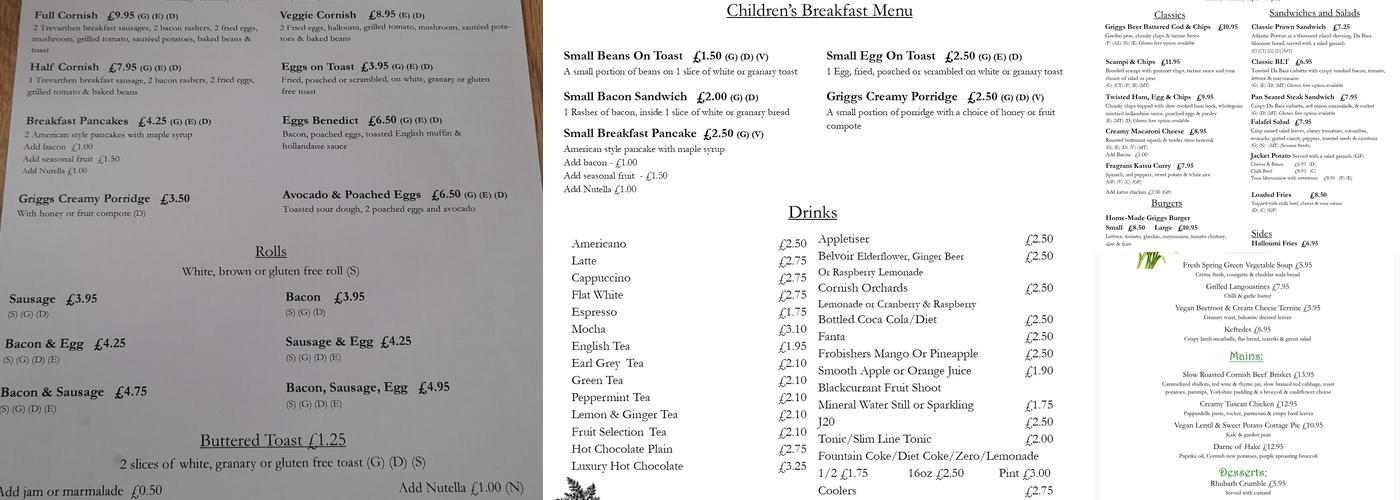Griggs Restaurant Menu