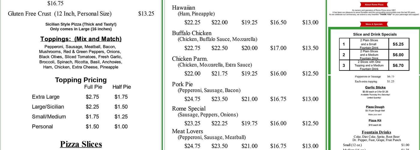 Rome Pizza Menu