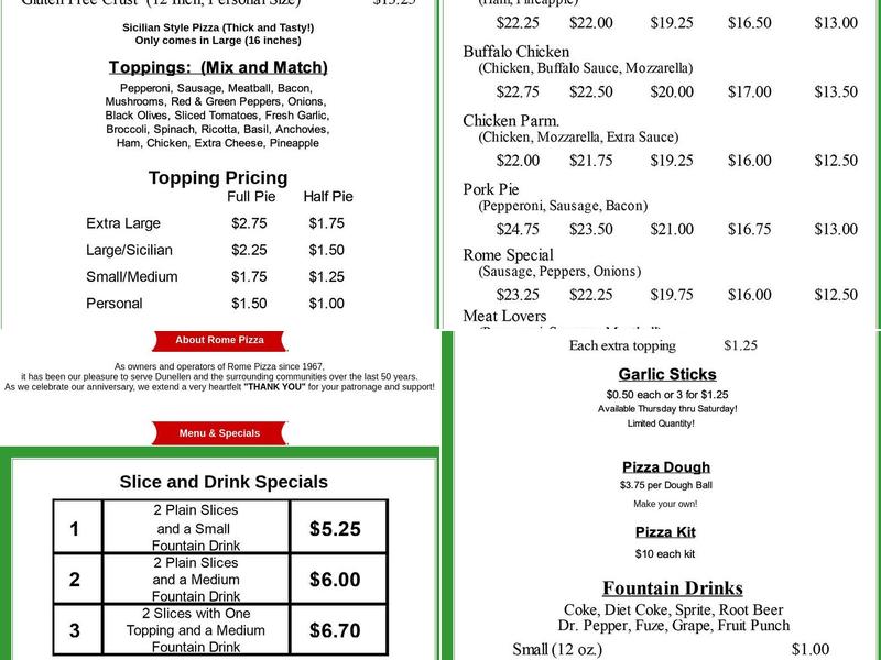 Rome Pizza Menu