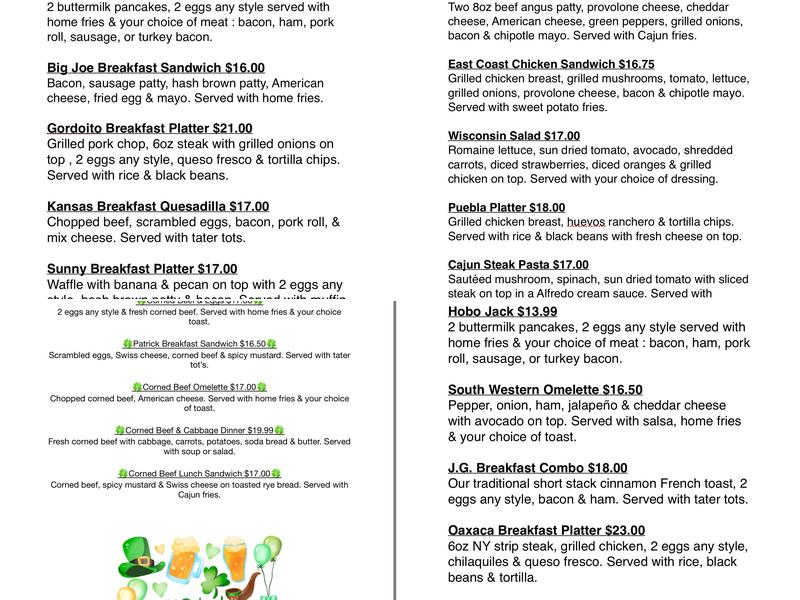 J&G South Bound Brook Diner Menu