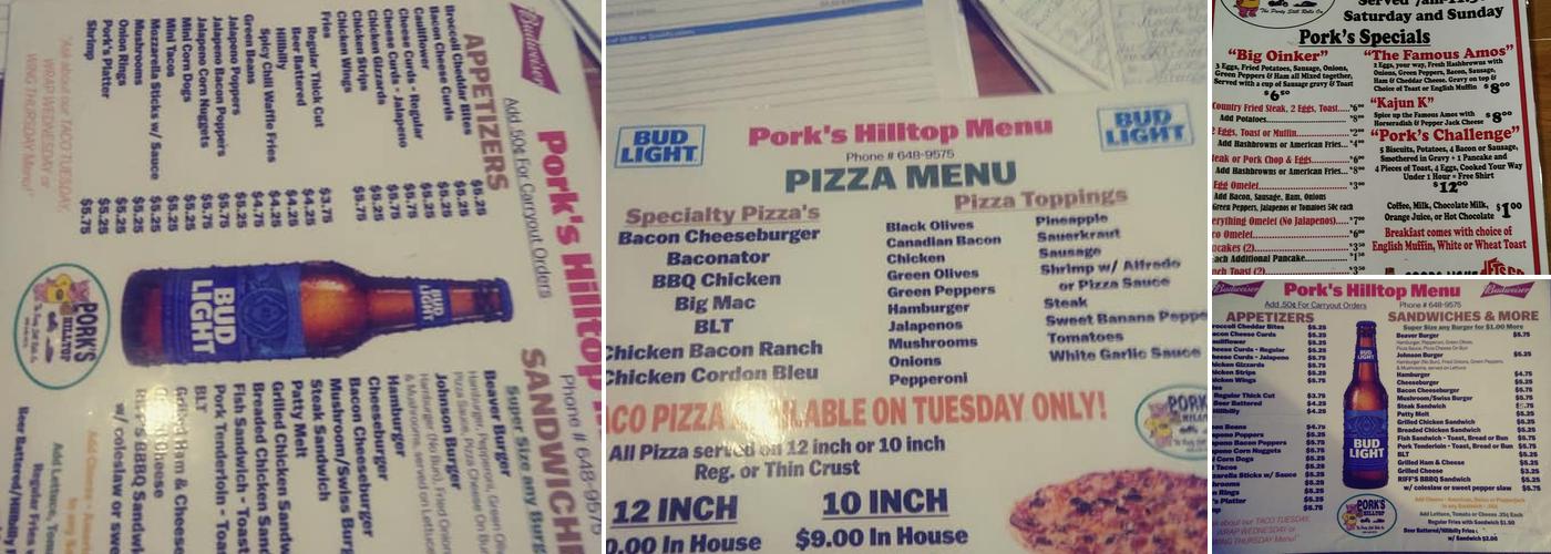 Pork's Bar Menu