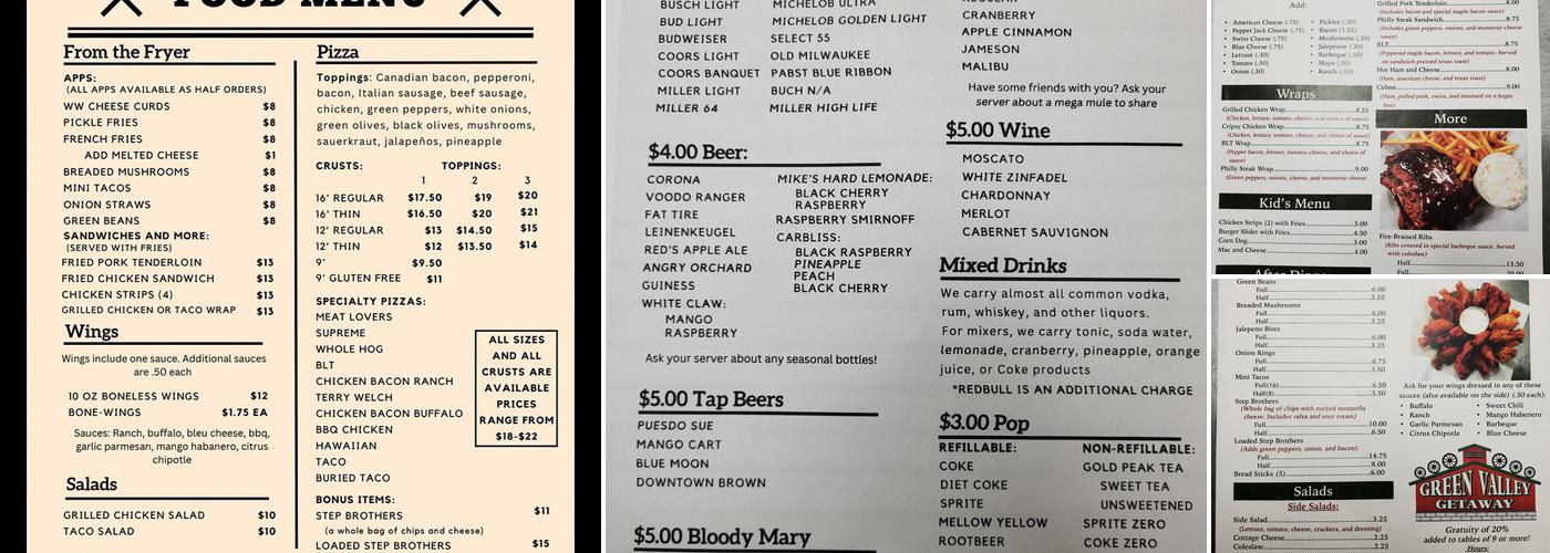 Green Valley Getaway Menu