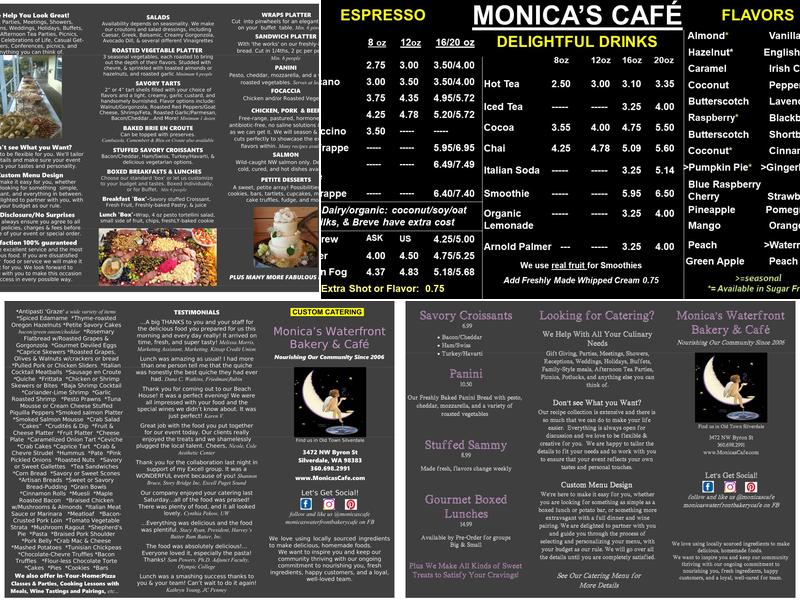 Monica's Waterfront Bakery & Cafe Menu