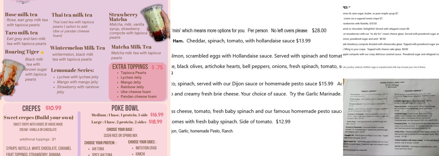 Sugar Studios Cafe Menu