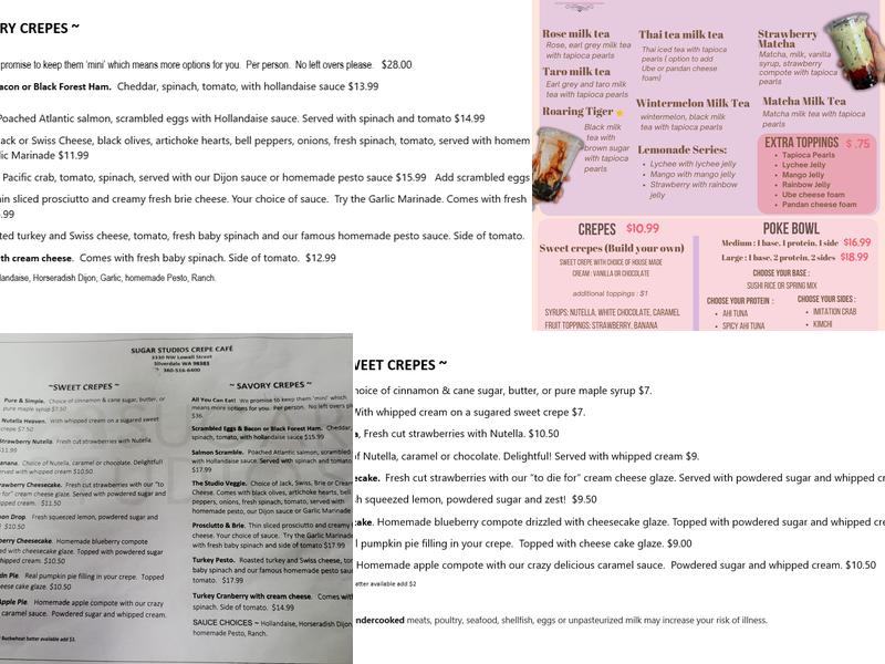 Sugar Studios Cafe Menu