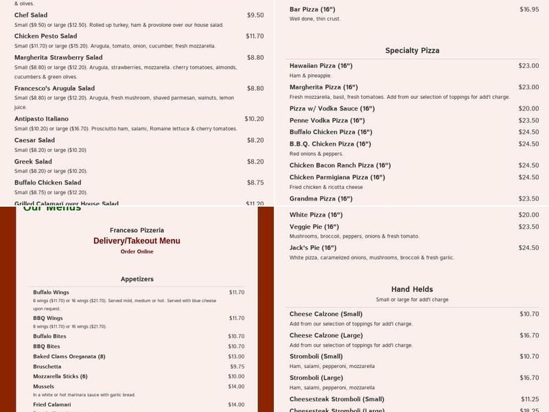 Francesco Pizza Menu