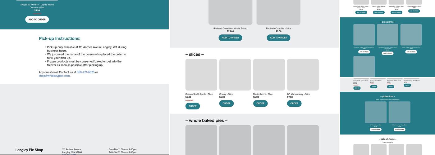 Whidbey Pies Pie Shop Menu