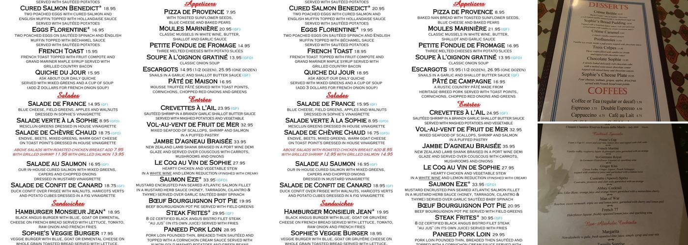 Sophie's Bistro Menu