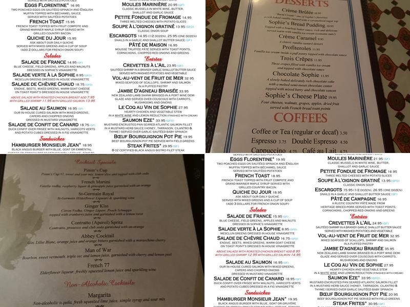 Sophie's Bistro Menu