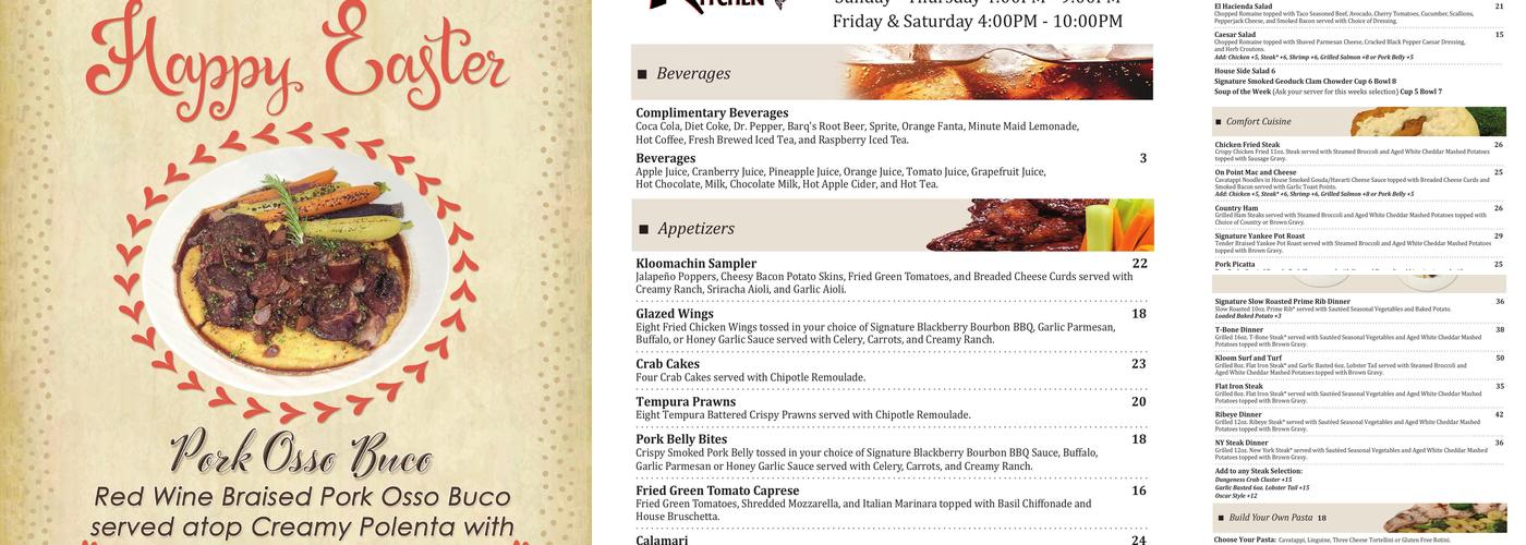 Kloomachin Kitchen at The Point Casino Menu