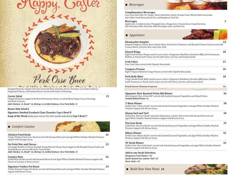Kloomachin Kitchen at The Point Casino Menu