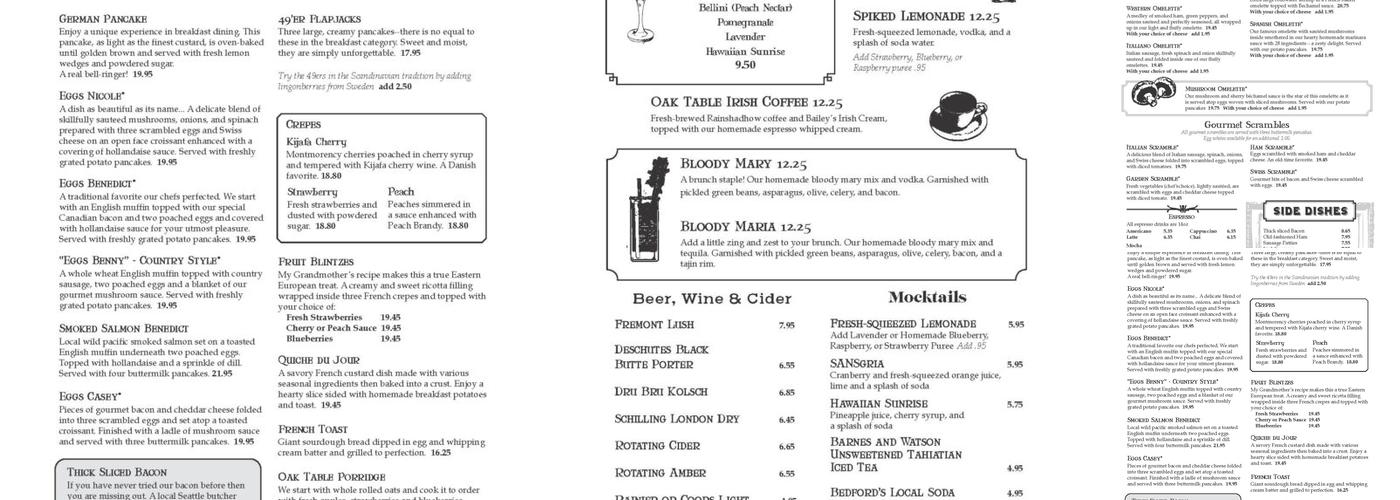 Oak Table Cafe Menu
