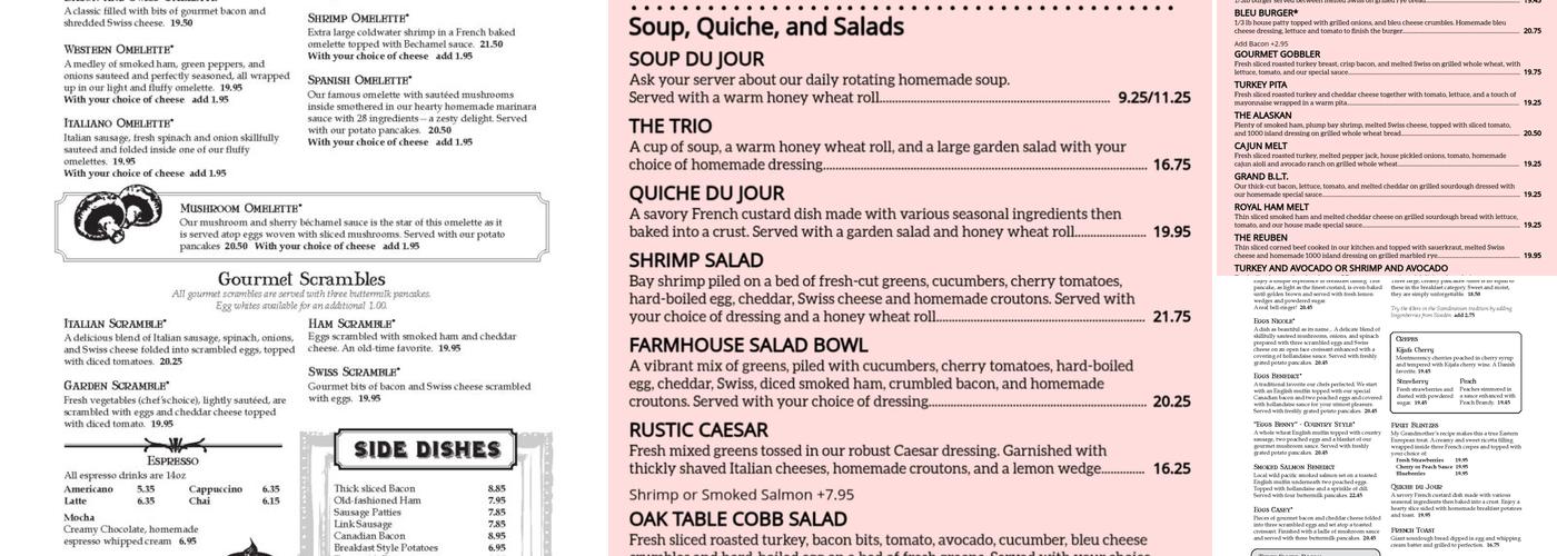 Oak Table Cafe Menu