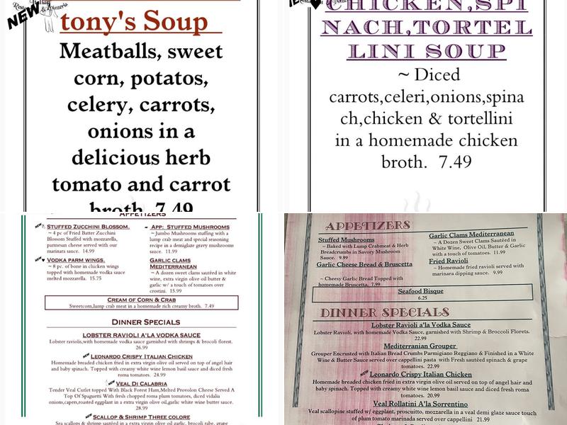Tony’s Italian Pizzeria and Restaurant Menu