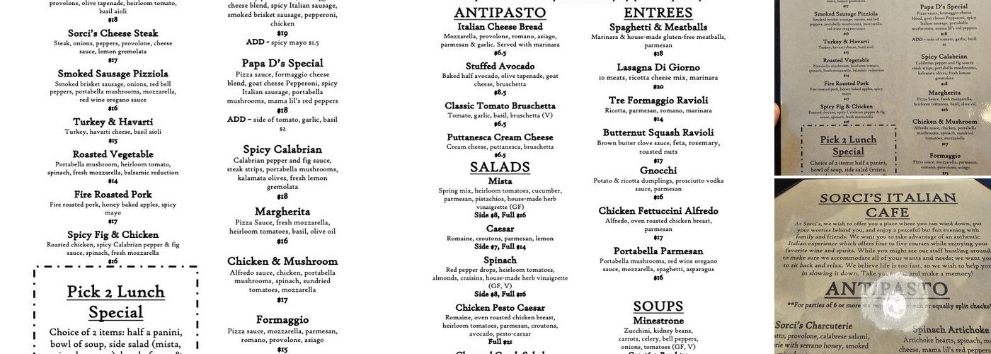 Sorci's Italian Cafe and Enoteca Menu