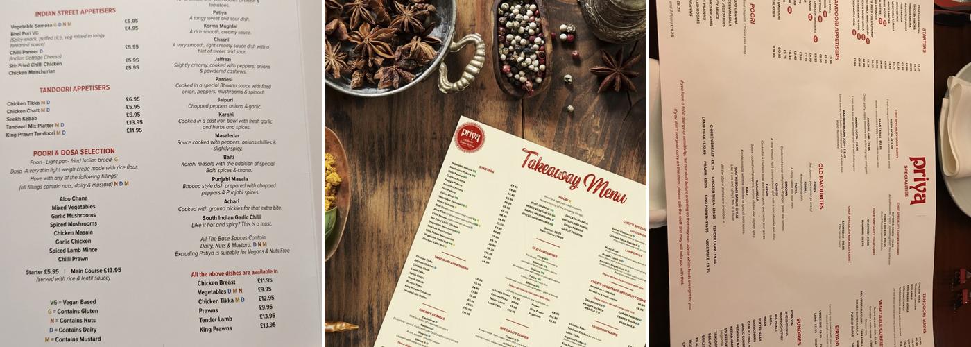 Priya Authentic Indian Kitchen Menu