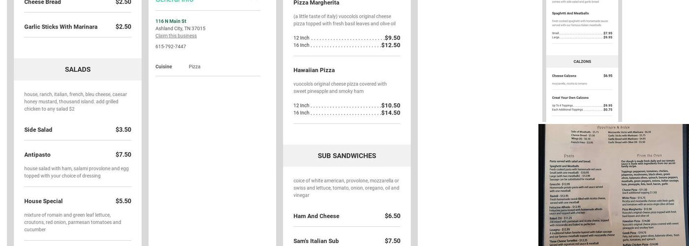 Vuocolo's Italian Pizzaria Menu