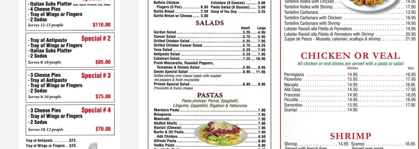 Primo Pizza Menu